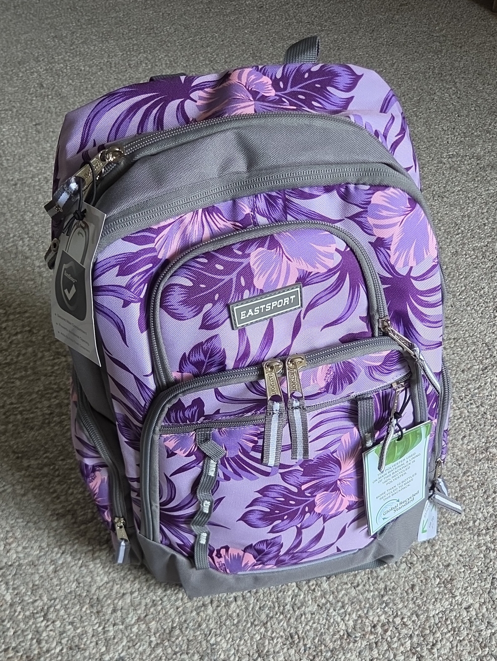 New Eastsport Zipper Expand Purple Floral Backpack .